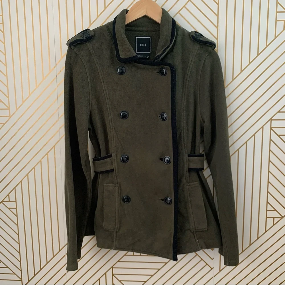 Obey cotton blend Utility military inspired double breasted green black Jacket 8 - Picture 1 of 9